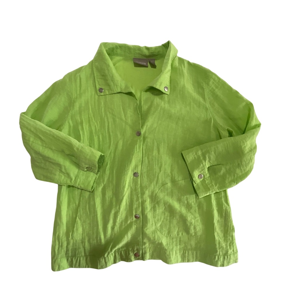 Chico's Women's Green Button Front 3/4 Sleeve Textured Linen Top Sz 2 Large 12 - Picture 5 of 7